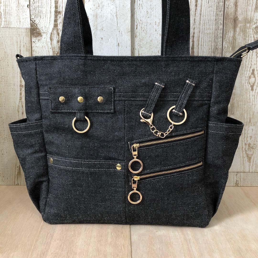 nanaです♪ トートバッグ　ハンドメイド　ブラック　ショルダーベルト付き