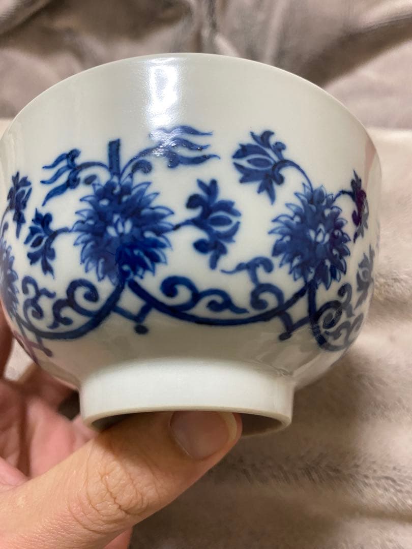 清朝時代　青い花柄の陶磁器茶碗本物　骨董品