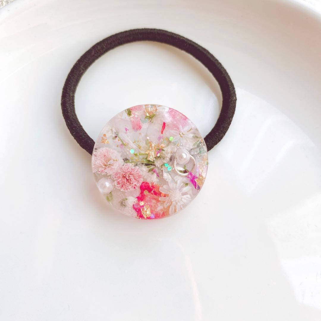 レジンヘアゴム 桜　薔薇　春　ピンク　ホワイト　ピンキーリング