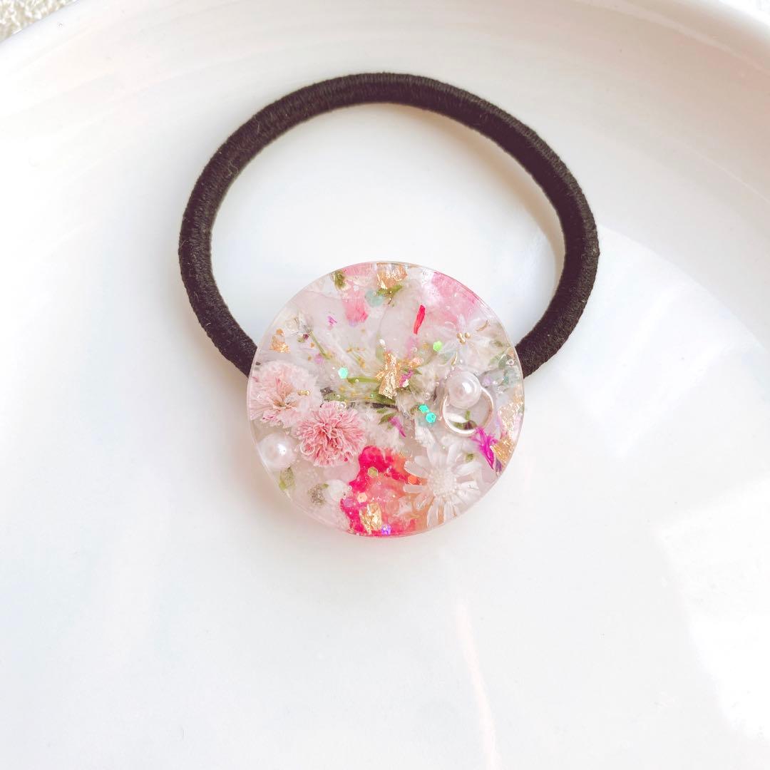 レジンヘアゴム 桜　薔薇　春　ピンク　ホワイト　ピンキーリング
