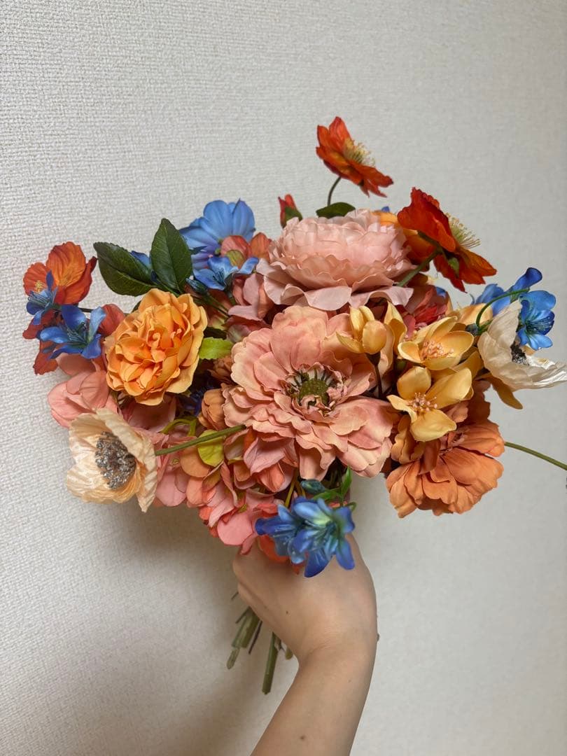アーティフィシャルフラワーブーケ オレンジ×ブルー 前撮り 撮影用 インテリア