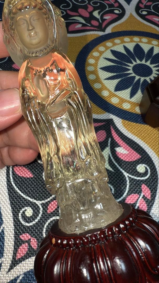 特注手彫り専用台座 天然シトリン 三面観音菩薩 観世音菩薩 手彫り彫刻立象 置物