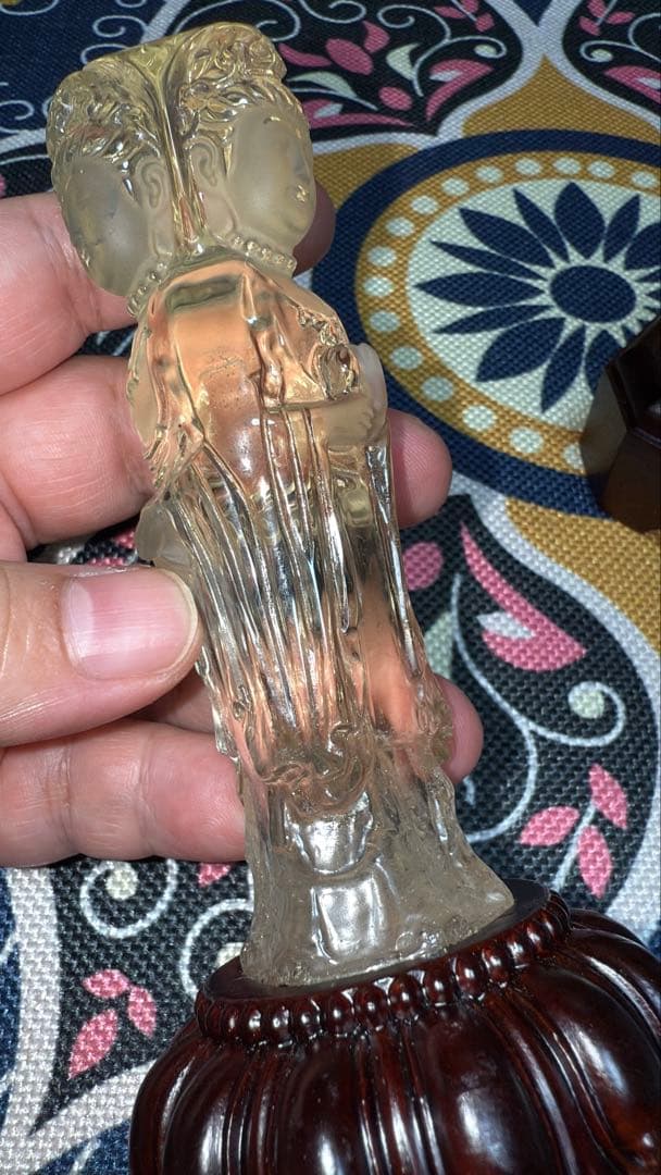 特注手彫り専用台座 天然シトリン 三面観音菩薩 観世音菩薩 手彫り彫刻立象 置物
