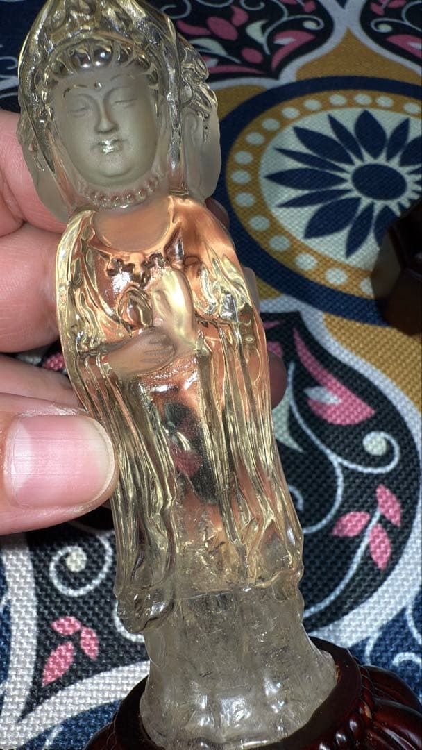 特注手彫り専用台座 天然シトリン 三面観音菩薩 観世音菩薩 手彫り彫刻立象 置物