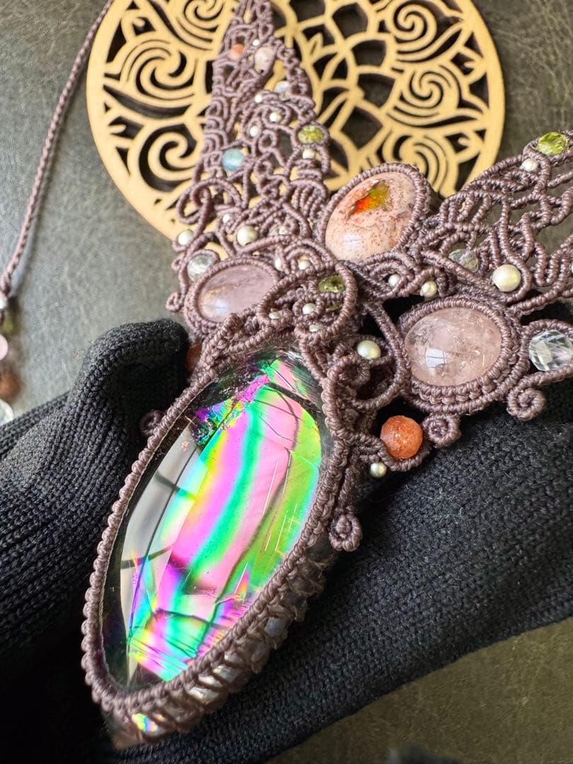 アイリスクォーツ＆♡カンテラオパール＆モルガナイトのマクラメ編みネックレス♡