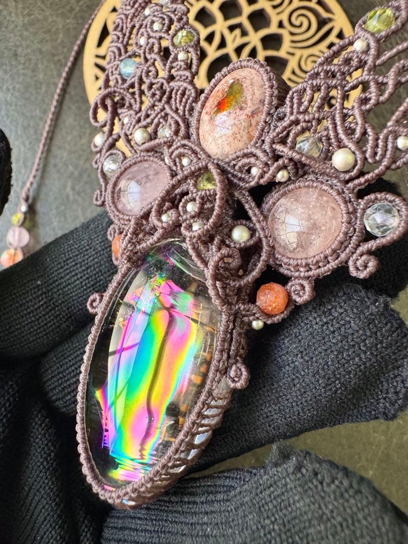 アイリスクォーツ＆♡カンテラオパール＆モルガナイトのマクラメ編みネックレス♡