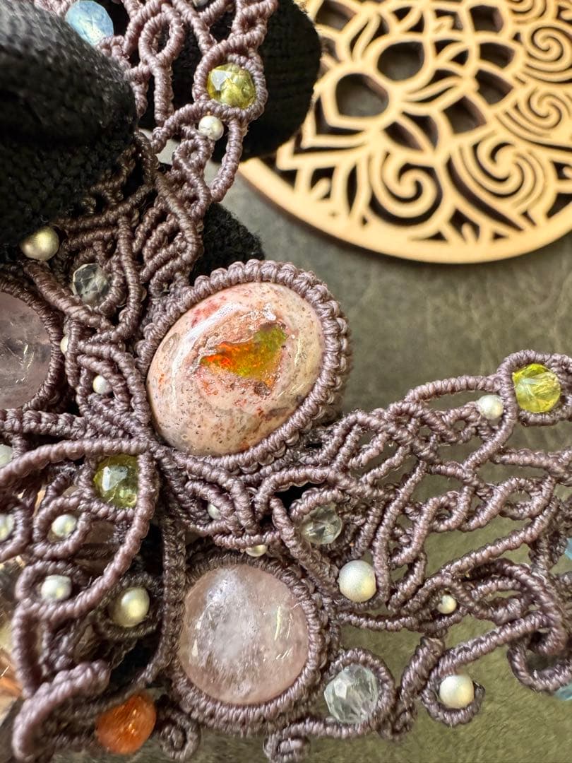 アイリスクォーツ＆♡カンテラオパール＆モルガナイトのマクラメ編みネックレス♡