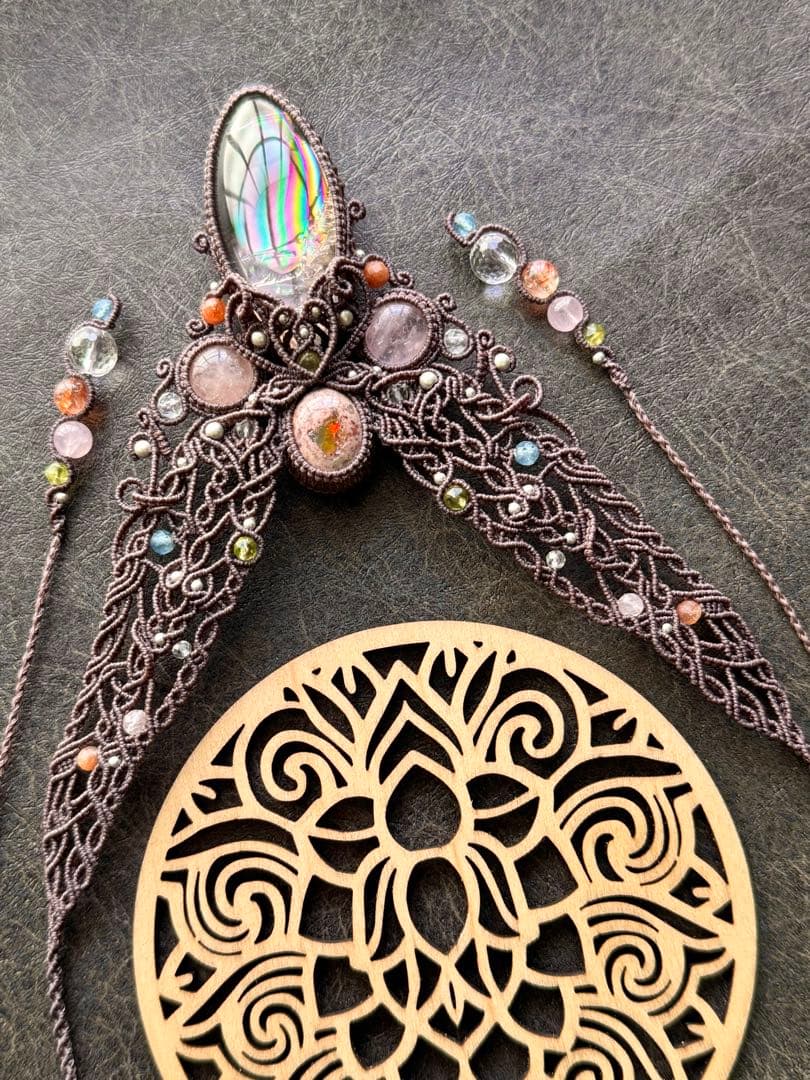 アイリスクォーツ＆♡カンテラオパール＆モルガナイトのマクラメ編みネックレス♡