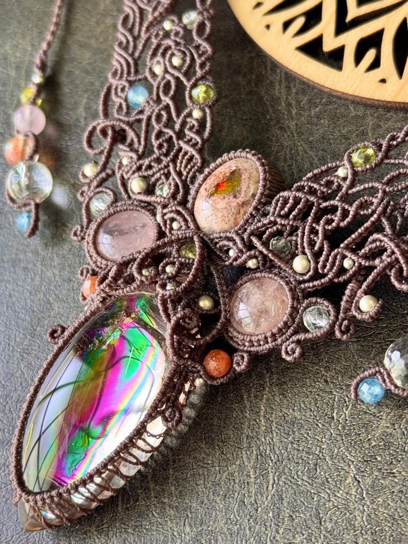 アイリスクォーツ＆♡カンテラオパール＆モルガナイトのマクラメ編みネックレス♡