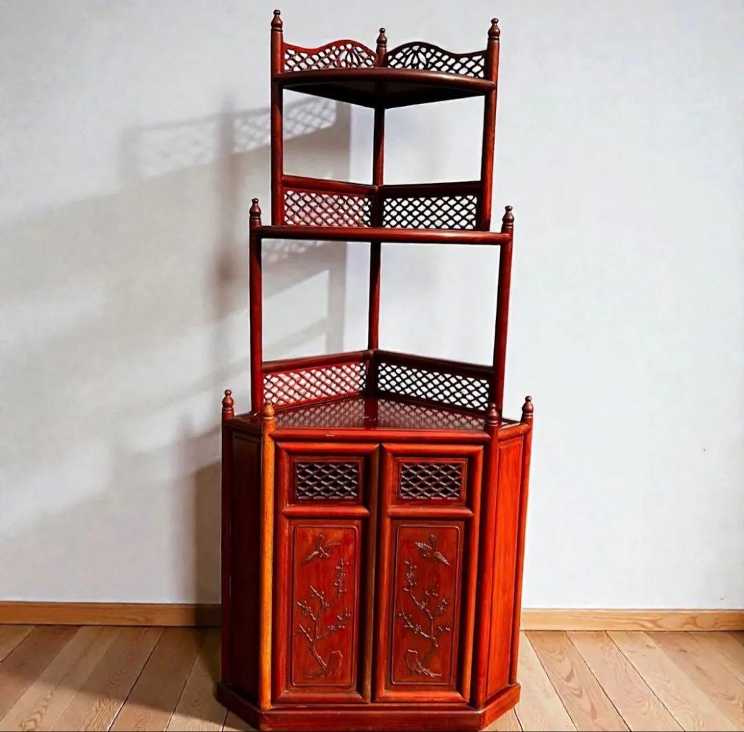 稀少❣️送料無料✨唐木家具 無垢材 コーナーラック 飾り棚 中国家具 彫刻棚 収納