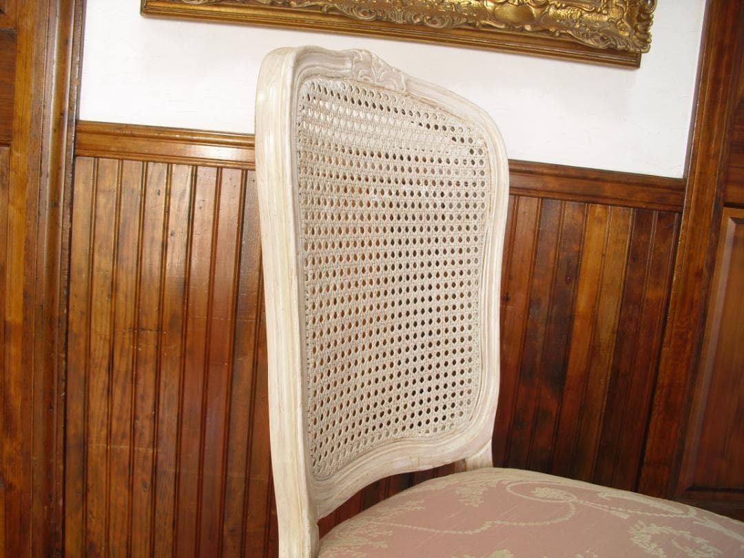 イタリア製 木製チェア☆背もたれメッシュ 木彫 草花ピンクファブリック張替済