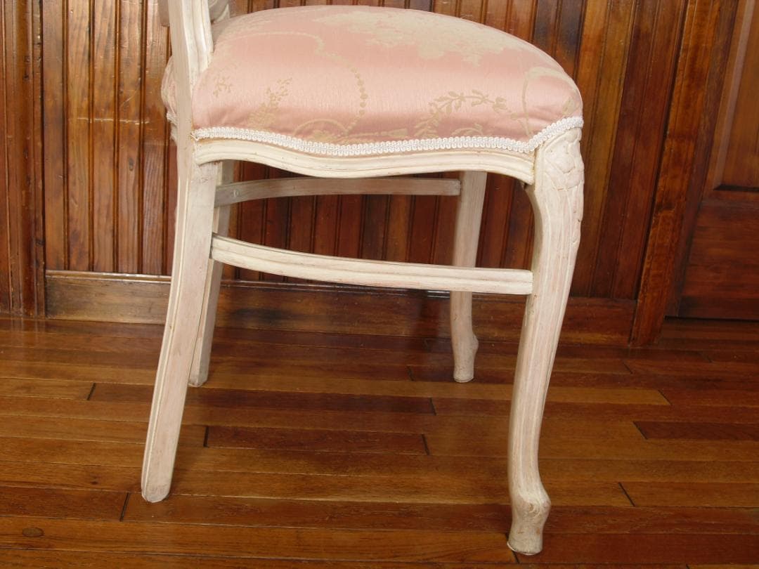 イタリア製 木製チェア☆背もたれメッシュ 木彫 草花ピンクファブリック張替済