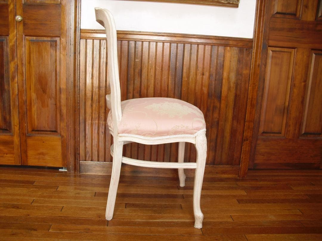 イタリア製 木製チェア☆背もたれメッシュ 木彫 草花ピンクファブリック張替済