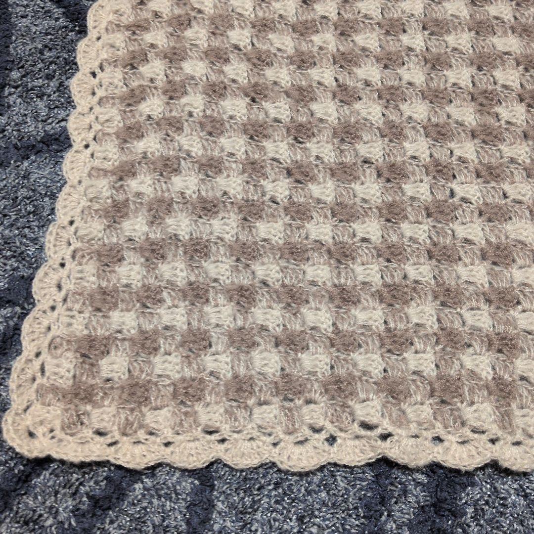 ギンガムチェック柄 手編みブランケット ひざ掛け マルチカバー