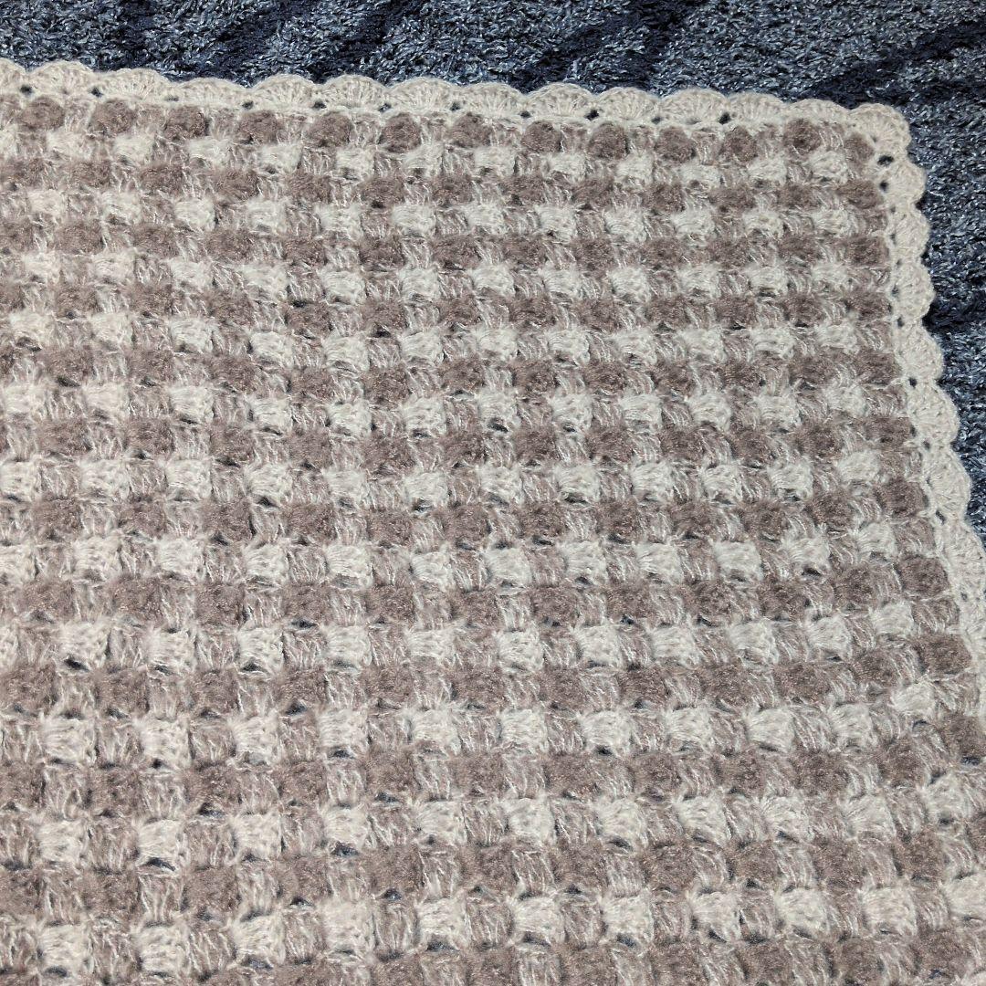 ギンガムチェック柄 手編みブランケット ひざ掛け マルチカバー