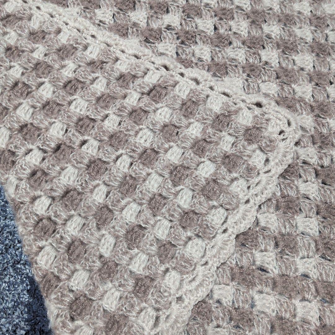 ギンガムチェック柄 手編みブランケット ひざ掛け マルチカバー