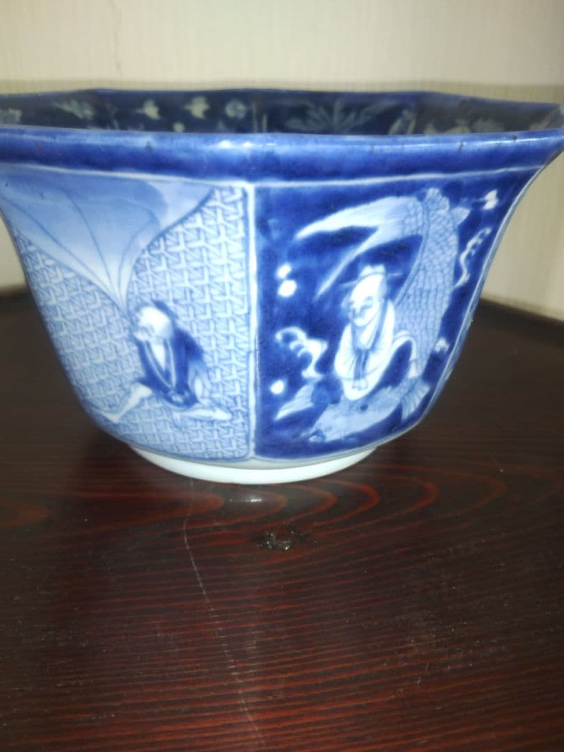 伊万里染付 八角深鉢 金直し 底に角福 ☆上手 時代物 骨董品