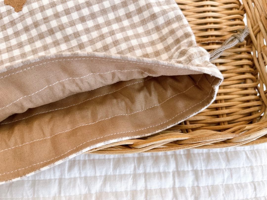 専用★ハンドメイド★巾着  テディベア刺繍✖️チェック柄　コップ袋などに♪