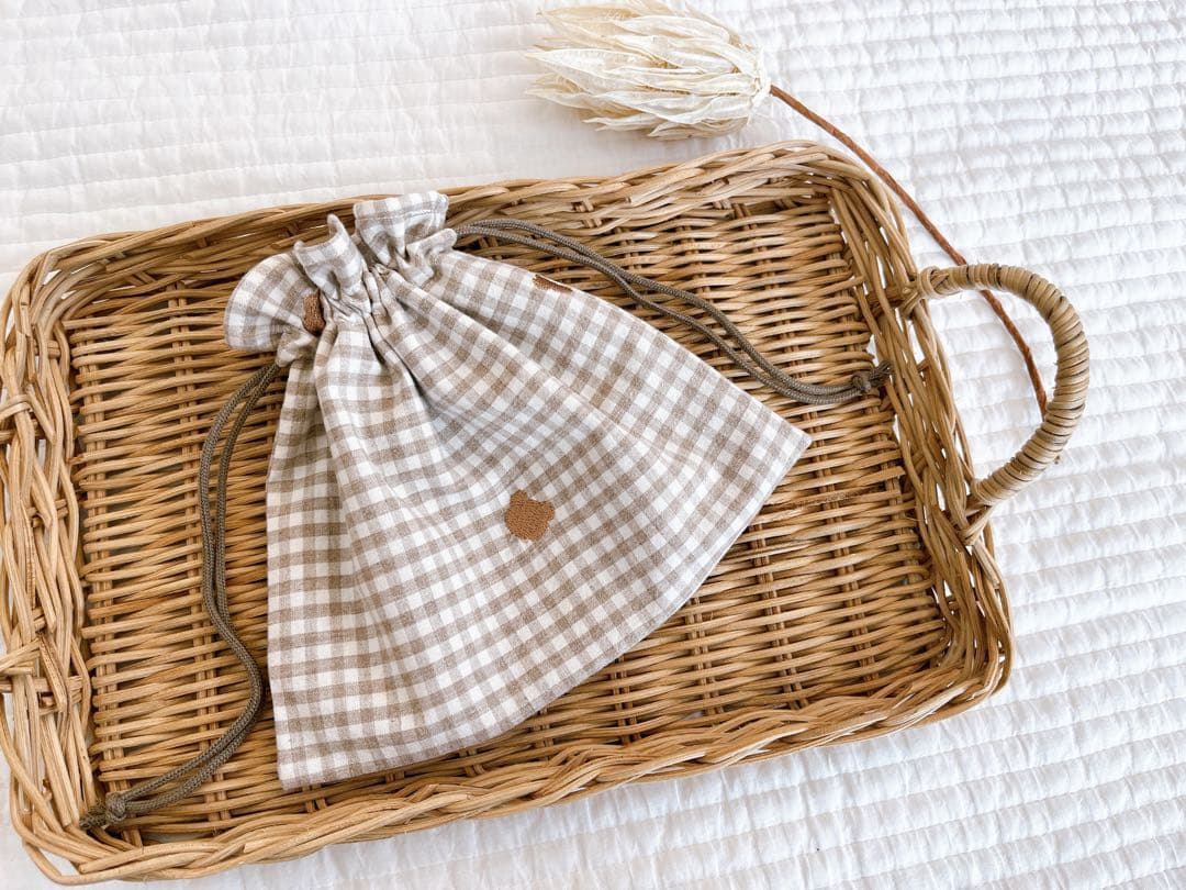 専用★ハンドメイド★巾着  テディベア刺繍✖️チェック柄　コップ袋などに♪