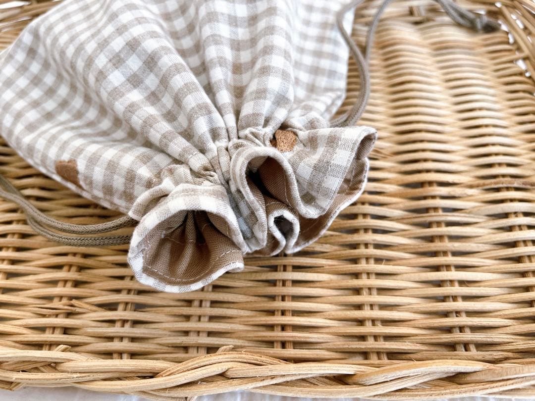 専用★ハンドメイド★巾着  テディベア刺繍✖️チェック柄　コップ袋などに♪