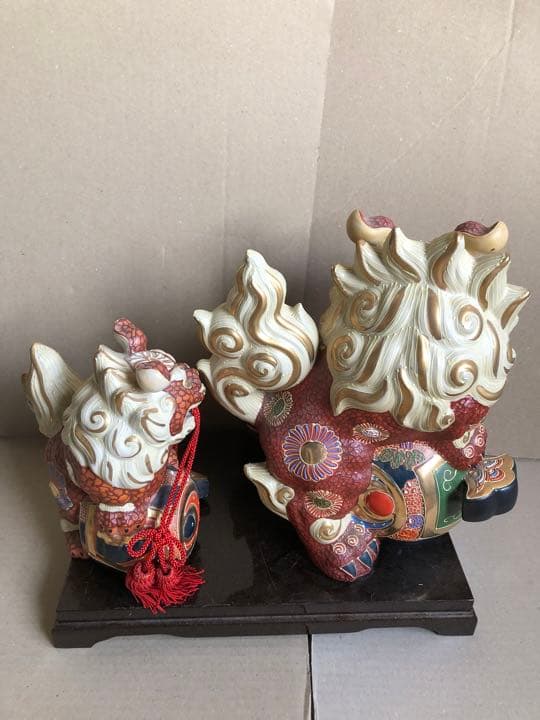 九谷の玉乗り獅子二体置物
