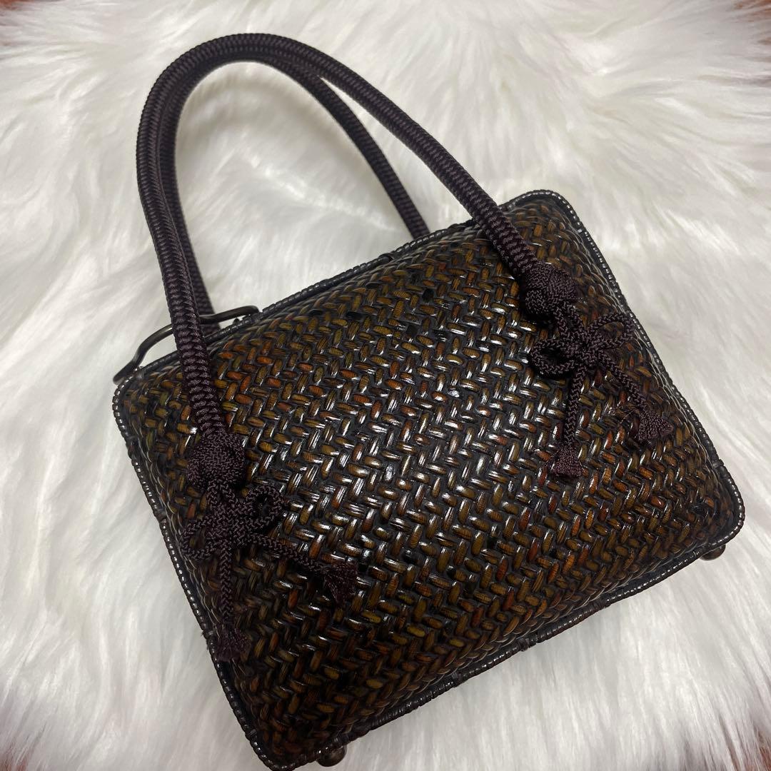 【美品】ハンドバッグ 竹 編み込み 茶色 有彩