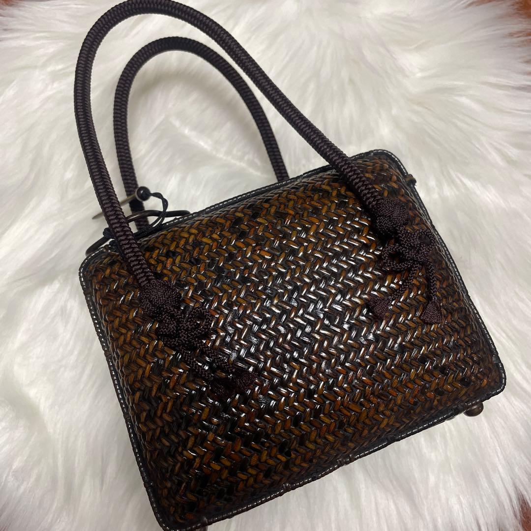 【美品】ハンドバッグ 竹 編み込み 茶色 有彩