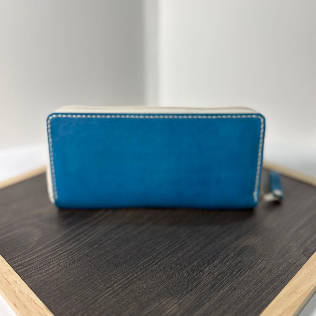 本革 ラウンドファスナー長財布 ラウンドジップ長財布 ハンドメイド ブルー 青