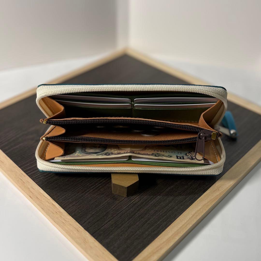 本革 ラウンドファスナー長財布 ラウンドジップ長財布 ハンドメイド ブルー 青