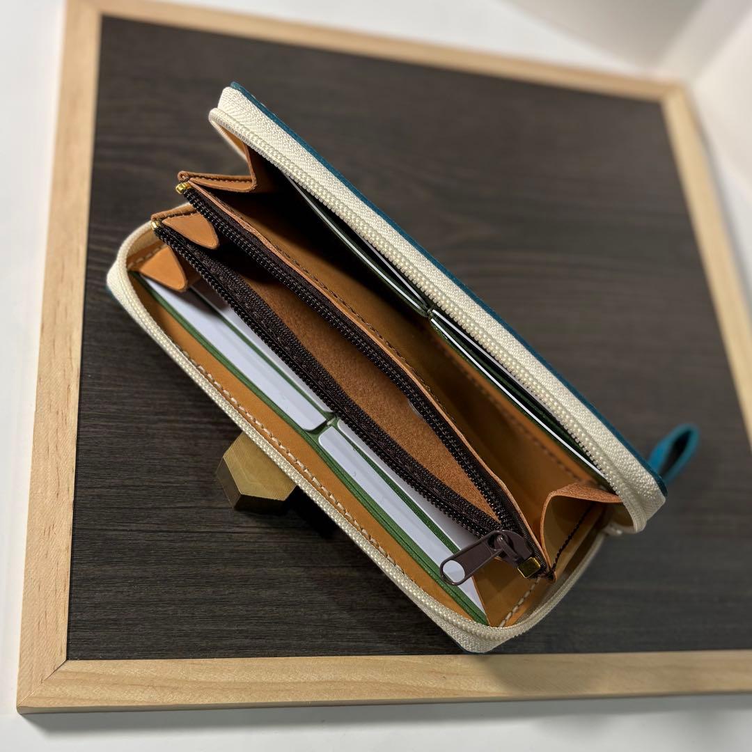 本革 ラウンドファスナー長財布 ラウンドジップ長財布 ハンドメイド ブルー 青
