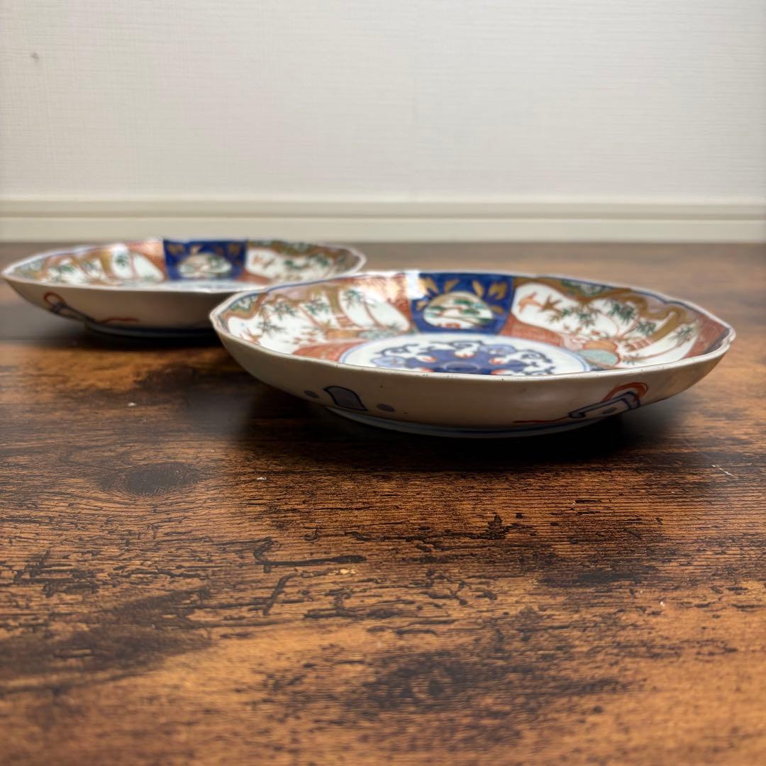 古伊万里 赤絵風景画七寸皿 二客 大皿/お皿/中皿 22