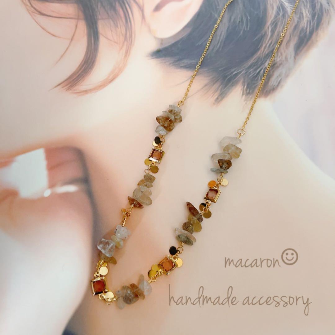 天然石ネックレス｜ルチルクォーツとローズスクエアのネックレス