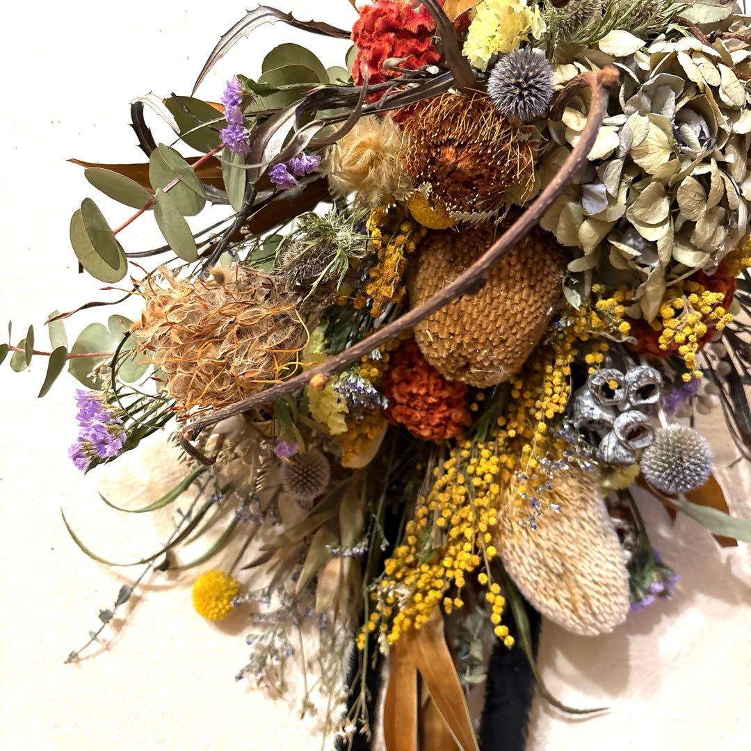 バンクシア2本入り紫陽花ミモザのアンティークスワッグブーケ特大‼️