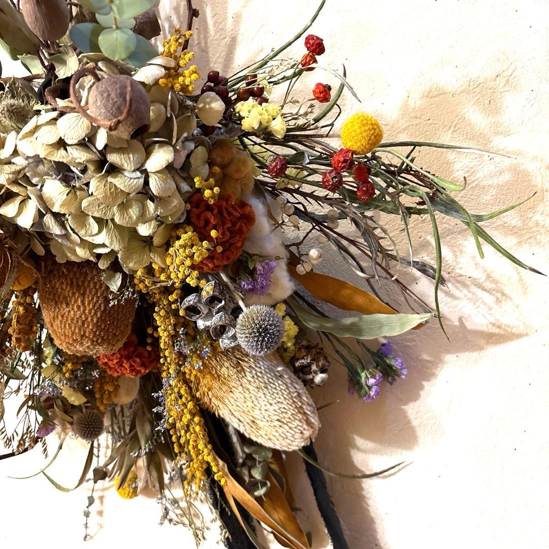 バンクシア2本入り紫陽花ミモザのアンティークスワッグブーケ特大‼️