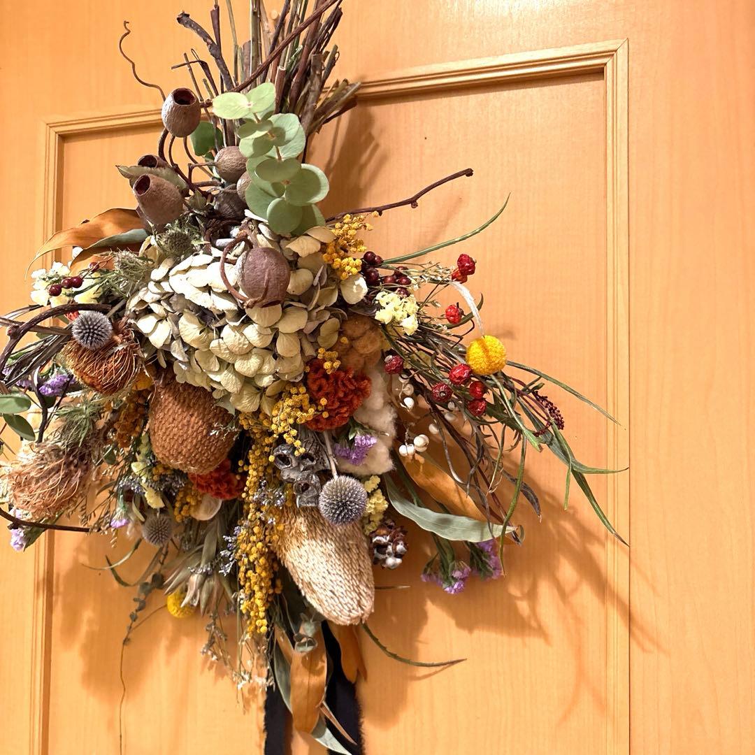 バンクシア2本入り紫陽花ミモザのアンティークスワッグブーケ特大‼️