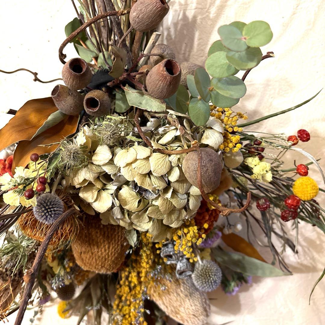 バンクシア2本入り紫陽花ミモザのアンティークスワッグブーケ特大‼️