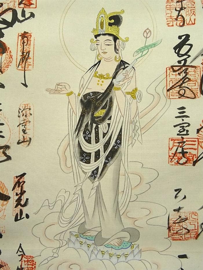 掛軸 晁風『西国三十三ヶ所御朱印 白衣観音菩薩像図』絹本 共箱付 a062610