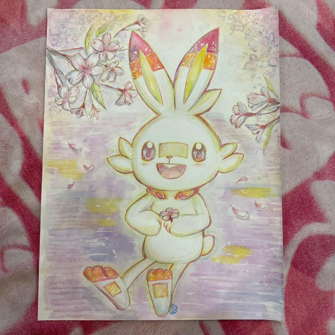 夜桜    手書き　イラスト　水彩画　ヒバニー　桜　色鉛筆