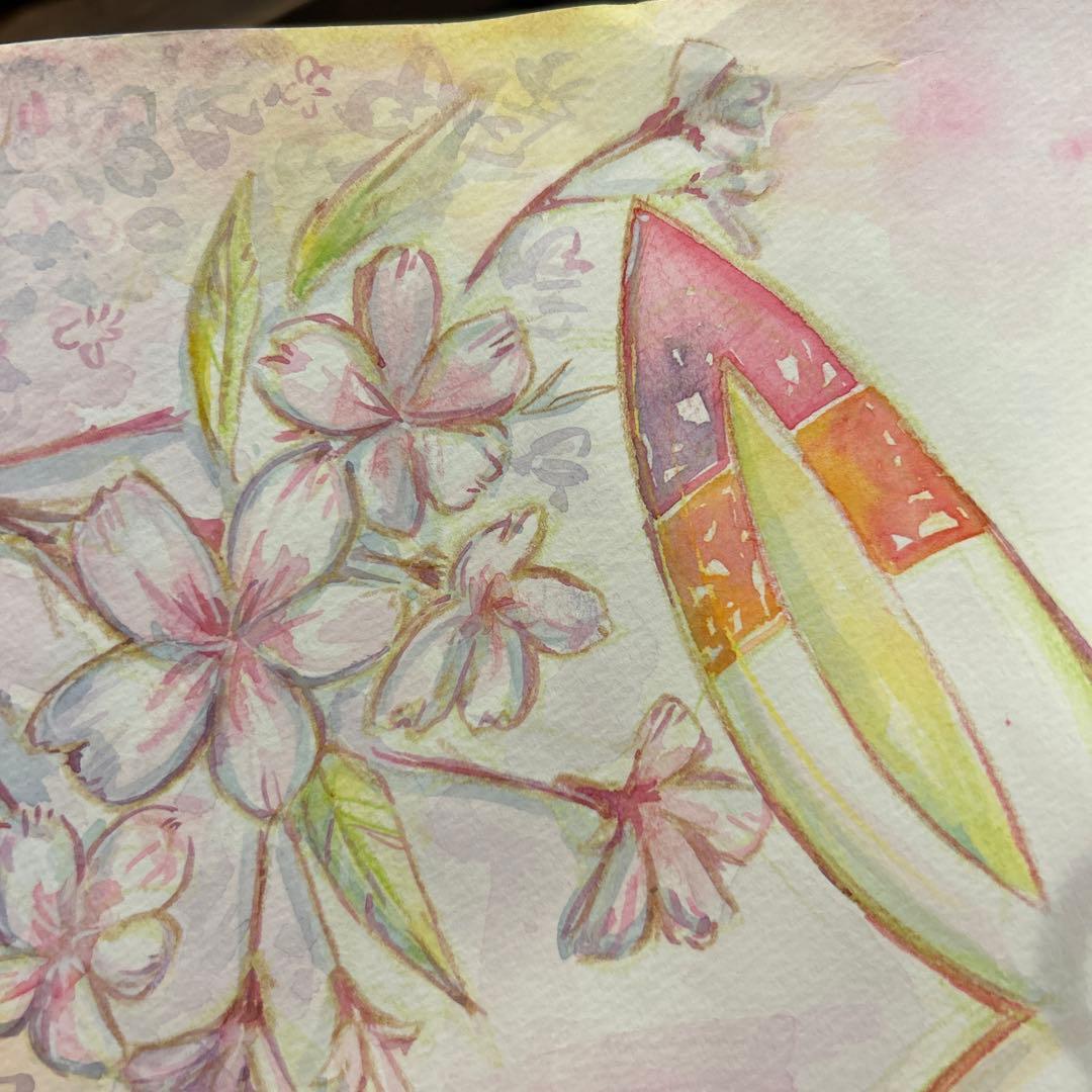 夜桜    手書き　イラスト　水彩画　ヒバニー　桜　色鉛筆