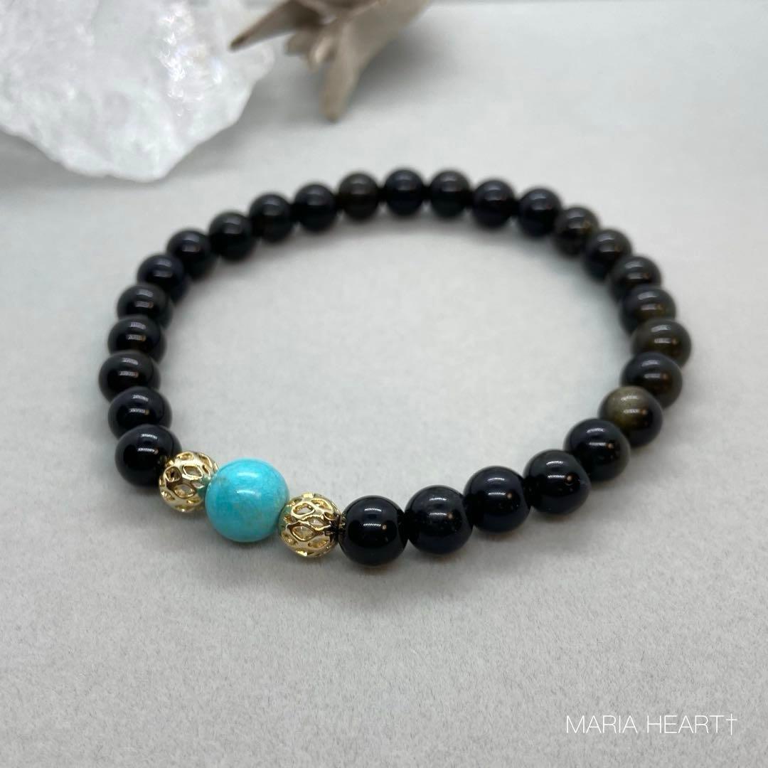 【天然石ブレスレット】邪気祓い 守護 ターコイズ 黒曜石ゴールデンオブシディアン