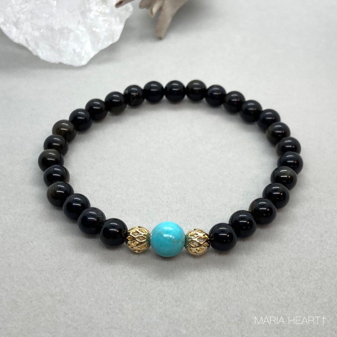 【天然石ブレスレット】邪気祓い 守護 ターコイズ 黒曜石ゴールデンオブシディアン