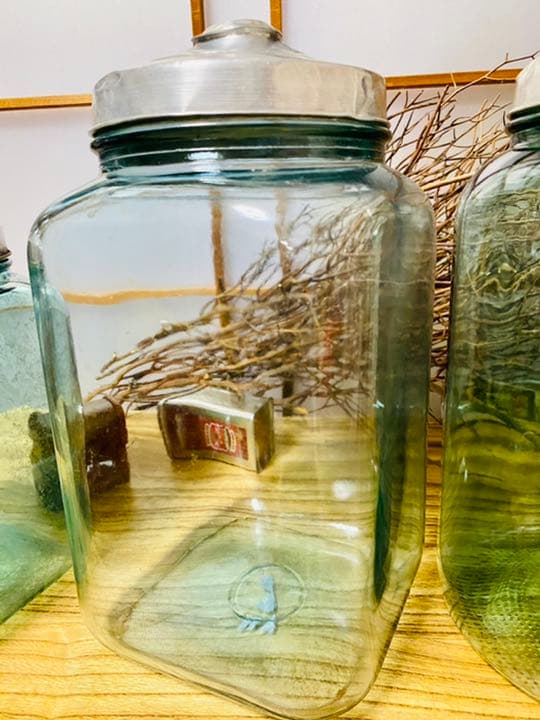 青鬼　レトロ　飴屋瓶　アルミ蓋付　ガラス瓶　気泡ビン　アンティーク　3個