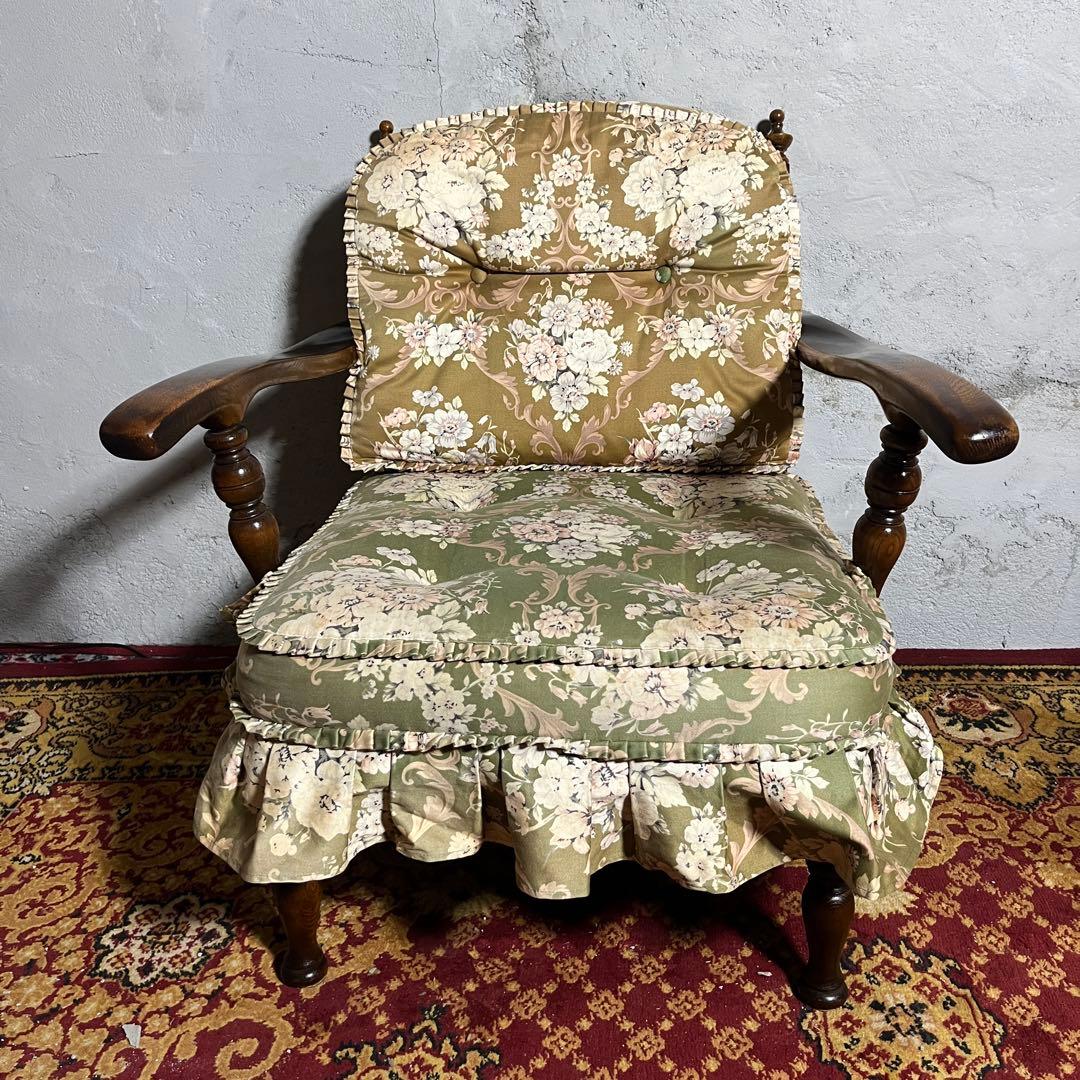 【キツツキ】ラウンジチェア 1人掛け 花柄クッション付き ヴィンテージ ソファ②