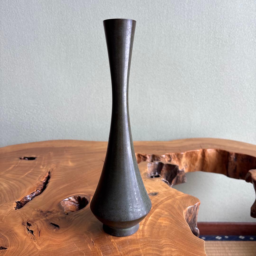 一ノ瀬宗辰造 胡銅名物写腰一文字花入 花瓶 共箱 27.5cm