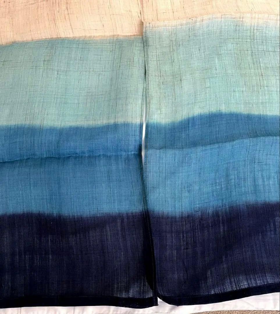 新品未使用 麻100% 藍染グラデーションのれん ベージュ・緑・青・紺