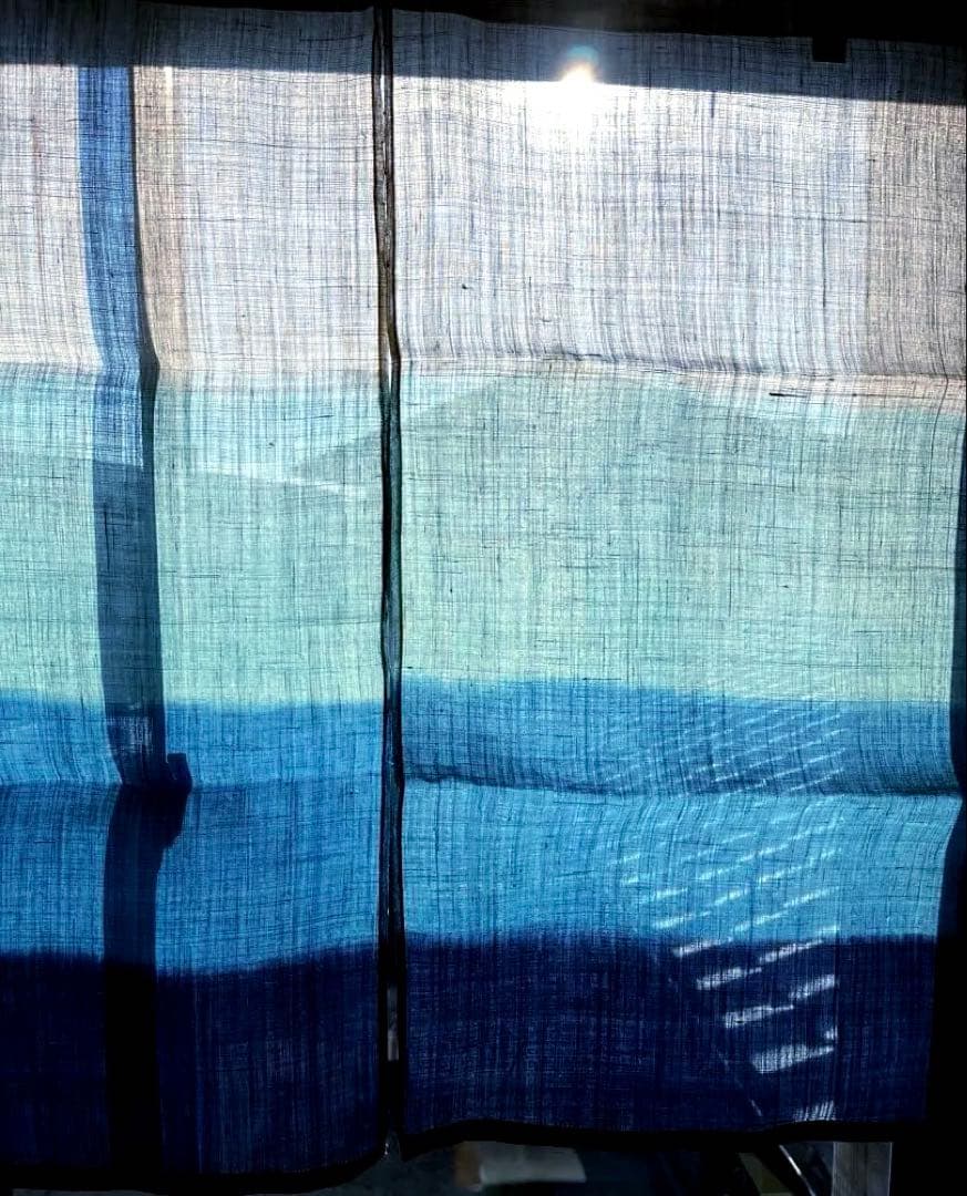 新品未使用 麻100% 藍染グラデーションのれん ベージュ・緑・青・紺