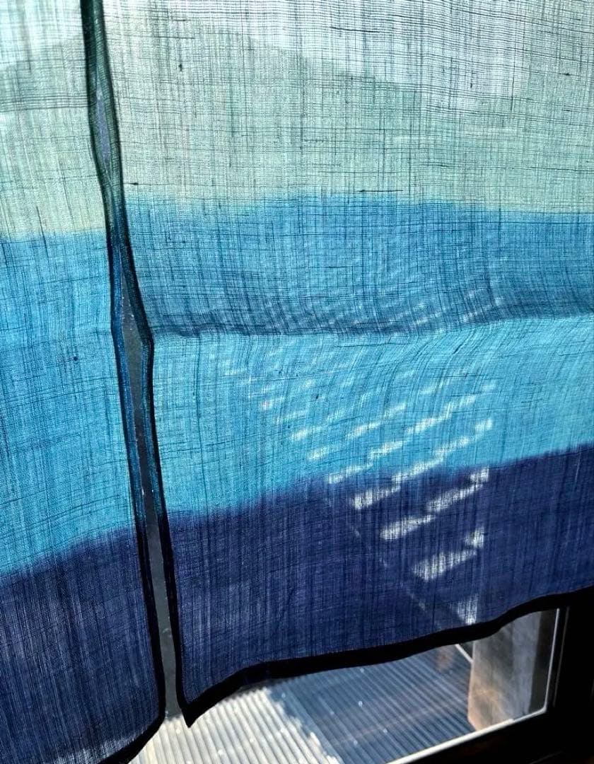 新品未使用 麻100% 藍染グラデーションのれん ベージュ・緑・青・紺