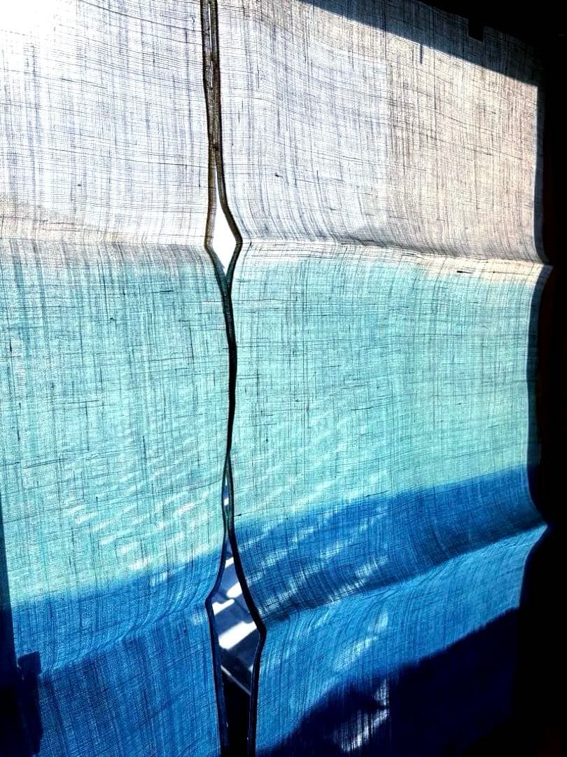 新品未使用 麻100% 藍染グラデーションのれん ベージュ・緑・青・紺