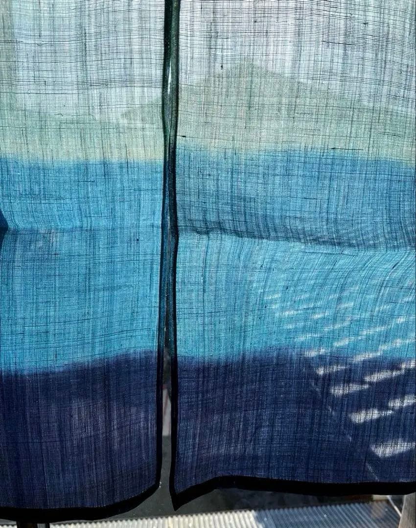 新品未使用 麻100% 藍染グラデーションのれん ベージュ・緑・青・紺