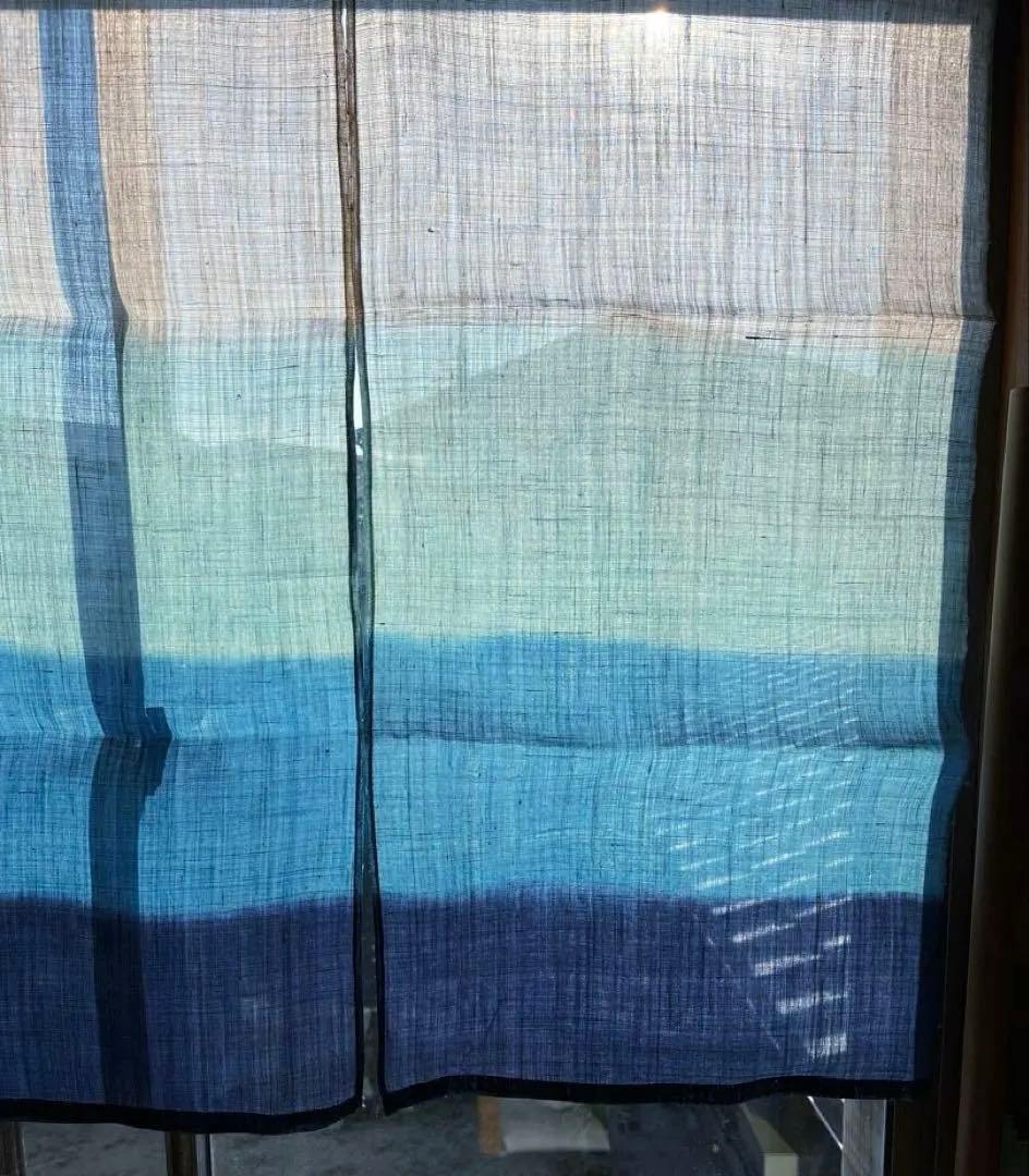 新品未使用 麻100% 藍染グラデーションのれん ベージュ・緑・青・紺